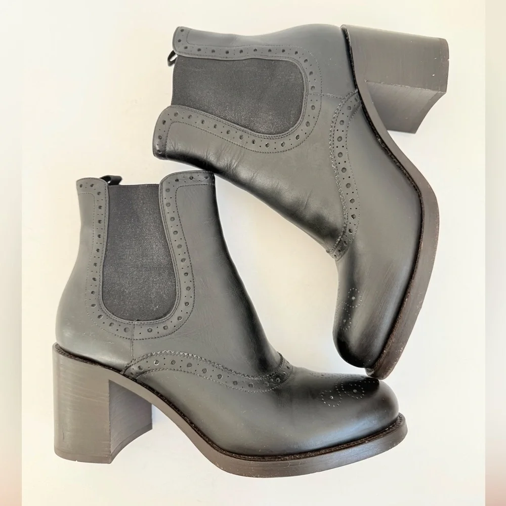 Prada Milano Black Leather Brogue Chelsea Ankle Boots Block Heels EU 39